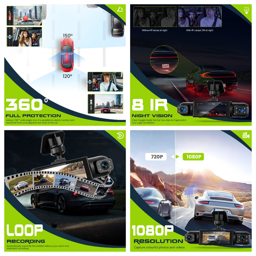 3.16-inch Dashboard Cam 1080P 4-Lens Digital Video Recorder Camera