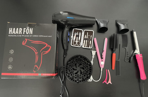 12 piece negative ion hair dryer set, electric hair styling tool set, hair straightener, curling iron, and comb.