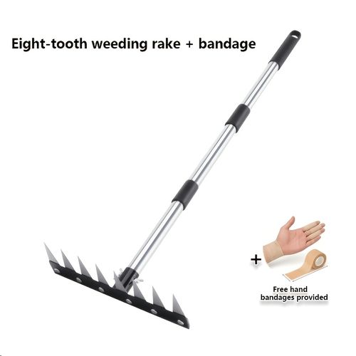 This heavy duty eight-tooth rake, equipped with an adjustable, extended stainless steel handle and hand guards, is a versatile agricultural tool suitable for yard weeding, lawn care, land clearing, and soil tillage.