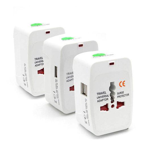Universal international travel adapter with 2 USB-A output ports and 6A rated current electrical plug for multi-plug travel.