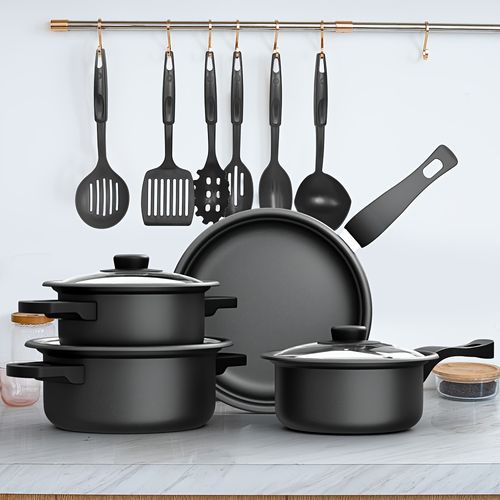 13 Piece Non  Stick Cookware Set  Household Cookware, Lightweight Cookware: Frying Pan, Sauce Pan, Spatula, Strainer, Ladle