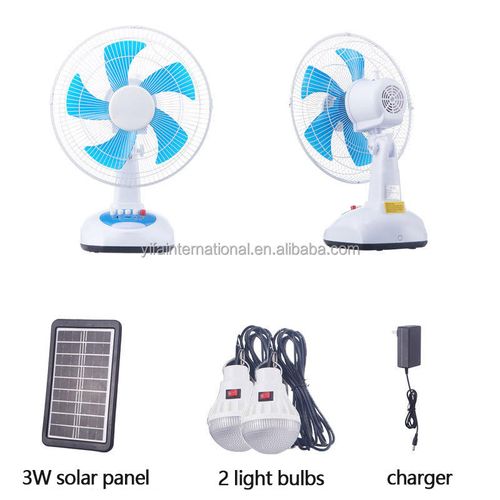 12-inch solar panel rechargeable solar-powered table fan with light bulb charger and lithium battery for portable power supply.