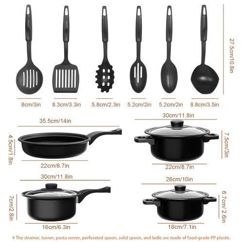 13 Piece Non  Stick Cookware Set  Household Cookware, Lightweight Cookware: Frying Pan, Sauce Pan, Spatula, Strainer, Ladle