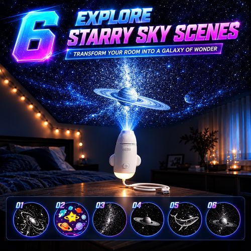 Galaxy Starry Sky Night Light Projector, 2 in 1 function with 6 slides, USB portable, adjustable brightness, 360 degree rotating projection of the Milky Way and ocean, suitable for bedrooms, ceilings, home and car interior decoration.