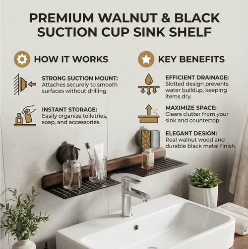 Bathroom Suction Cup Sink Shelf in Walnut Design