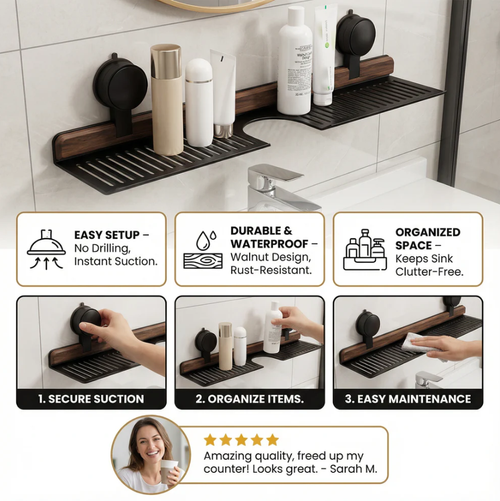 Bathroom Suction Cup Sink Shelf in Walnut Design