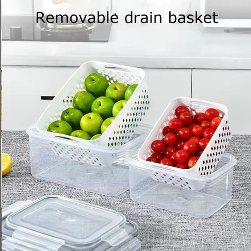 3pcs Refrigerator Storage Box Fridge Organizer Fresh Vegetable Fruit Drain Basket Storage Container Pantry Kitchen Organizer