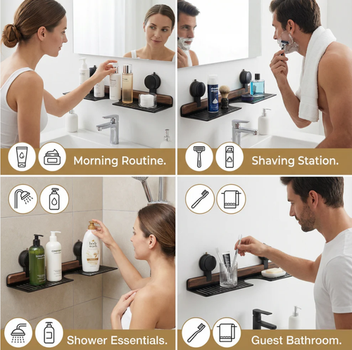 Bathroom Suction Cup Sink Shelf in Walnut Design