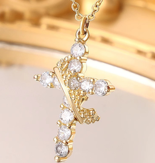 14K Gold Crown Cross Necklace Women's Personality Creative Pendant Rotatable Fashionable and Exquisite