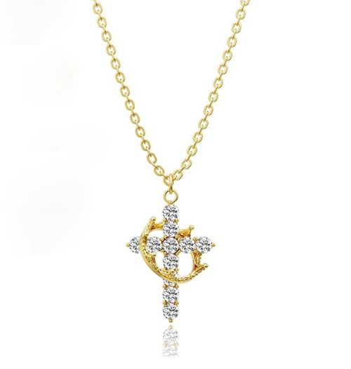 14K Gold Crown Cross Necklace Women's Personality Creative Pendant Rotatable Fashionable and Exquisite
