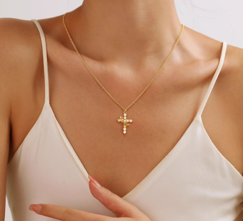 14K Gold Crown Cross Necklace Women's Personality Creative Pendant Rotatable Fashionable and Exquisite