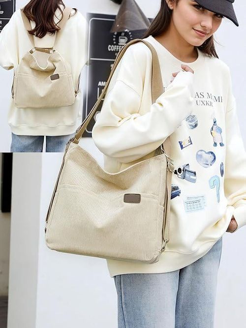 Women's Fashion Convertible Corduroy Crossbody Bag Hobo Shoulder Bag Multiple Pockets Zipper Closure Backpack Wallet