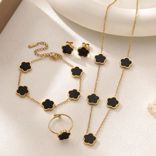 Fashionable and hot selling lucky four-leaf clover jewelry set 18k gold-plated double-sided shell necklace earring bracelet set