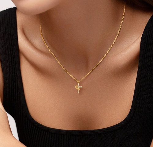 14K Gold Crown Cross Necklace Women's Personality Creative Pendant Rotatable Fashionable and Exquisite