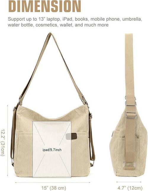 Women's Fashion Convertible Corduroy Crossbody Bag Hobo Shoulder Bag Multiple Pockets Zipper Closure Backpack Wallet