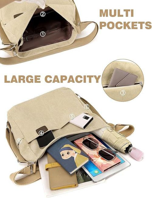 Women's Fashion Convertible Corduroy Crossbody Bag Hobo Shoulder Bag Multiple Pockets Zipper Closure Backpack Wallet