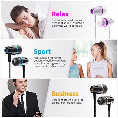 Earbuds Wired with Microphone Pack of 5, Noise Isolating in-Ear Headphones, Powerful Heavy Bass, High Definition, Earphones Compatible with iPhone, iPod, iPad, MP3, Samsung, and Most 3.5mm Jack Black,White,Gold,Red,Blue