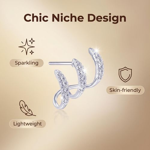 Minimalist three-claw ear clips with niche design, elegant style, simple arc curves and high-quality zircon stud earrings