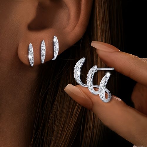 Minimalist three-claw ear clips with niche design, elegant style, simple arc curves and high-quality zircon stud earrings