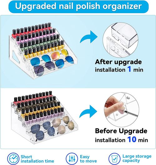 Nail Polish Organizer 72 Bottles of 6 Layers Sunglass Organizer Acrylic Display Rack Eyeglasses Storage Essential Oils Holder Makeup Organizer No Tool Needed Assembly, Clear