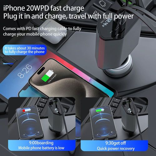 1. Cross-border car charger, 120W super fast charger, cigarette lighter, multi-function digital display, one tow, four with telescopic line car