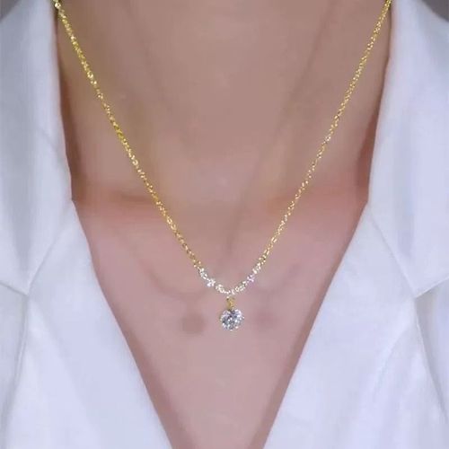 Dainty Elegant Fashion Pendant Necklace Stainless Steel Gold Plated One Single Cubic Zirconia Necklace Women