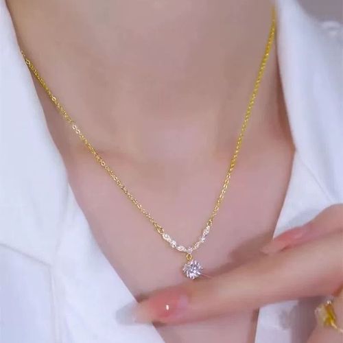 Dainty Elegant Fashion Pendant Necklace Stainless Steel Gold Plated One Single Cubic Zirconia Necklace Women