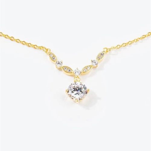 Dainty Elegant Fashion Pendant Necklace Stainless Steel Gold Plated One Single Cubic Zirconia Necklace Women