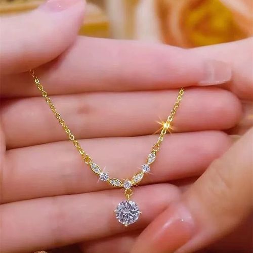 Dainty Elegant Fashion Pendant Necklace Stainless Steel Gold Plated One Single Cubic Zirconia Necklace Women