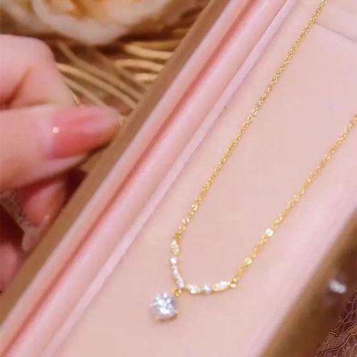 Dainty Elegant Fashion Pendant Necklace Stainless Steel Gold Plated One Single Cubic Zirconia Necklace Women