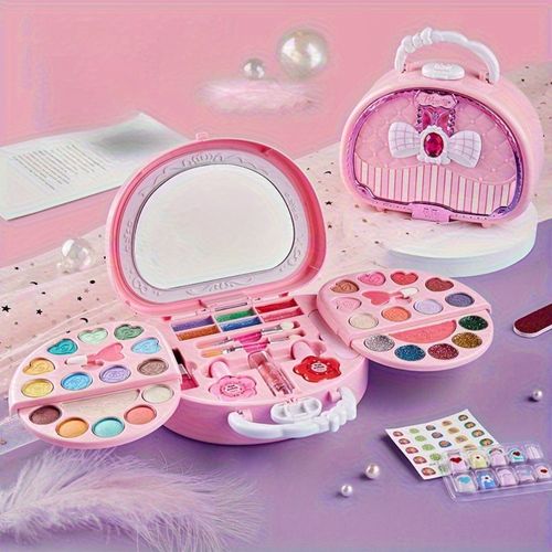 A princess makeup toy set with a 3-tier washable makeup case - pink and colorful fun design, includes brushes, lipstick, and costume play, perfect for birthday parties, Halloween, Christmas gifts, girls' makeup, fun design, and durable construction