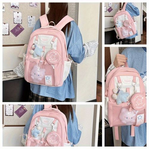 Lightweight and versatile stylish backpack, made of high-quality, water-resistant nylon, upgraded capacity, with color-blocking design, casual college-style shoulder bag, comes with cute charms, a bag loved by both boys and girls, available in four colors.