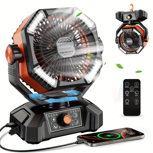 20000mAh Battery Powered Camping Fan - Dual Motor, 8-Speed With Remote Control & 4 LED Lanterns, Portable Outdoor Fan With Hook For Tent, Power Outage, Construction Site