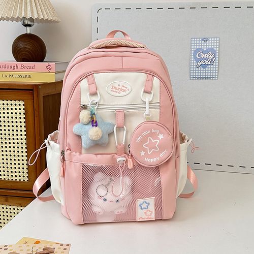 Lightweight and versatile stylish backpack, made of high-quality, water-resistant nylon, upgraded capacity, with color-blocking design, casual college-style shoulder bag, comes with cute charms, a bag loved by both boys and girls, available in four colors.
