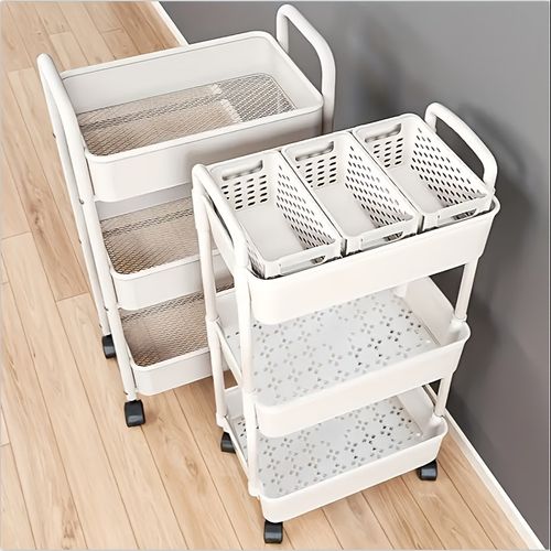 Three-tier durable plastic rolling storage cart with wheels - easy to move, black and white kitchen, bathroom, bedroom organizer - compact design with handle for versatile use