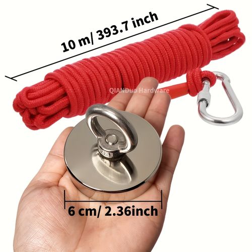 Heavy-Duty Fishing Magnetic Hook Set - Single-Sided Suction Cup, 2.36-Inch Diameter, 393.7-Inch Rope Holder and Hanging Ring, Maximum Pull Force 286.6 lbs