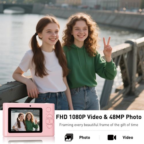 Camera Selfie 1080P HD Video Dual Lens, 48MP Digital Point and Shoot Cameras with 8X Zoom, Fill Light &64GB SD Card, Vintage Compact Small Camera for Boys Girls Kids (Pink)