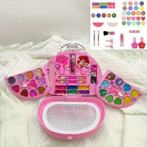 A princess makeup toy set with a 3-tier washable makeup case - pink and colorful fun design, includes brushes, lipstick, and costume play, perfect for birthday parties, Halloween, Christmas gifts, girls' makeup, fun design, and durable construction