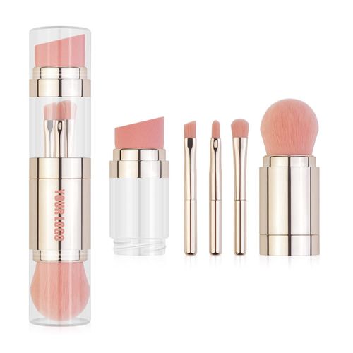Synthetic hair plastic material multi-function 4 in 1 single foundation make-up double head with angle powder blusher contour powder