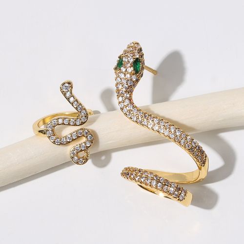 Full diamond three-dimensional snake-shaped stud earrings personalized three-dimensional animal earrings gold snake earrings 2-piece set ear bone clip women
