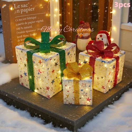 3-Piece Lighted Christmas Gift Box Set - Festive decorations with ribbons, warm glow, for indoor and outdoor use, sparkling gift boxes, Christmas trees, patios, and home decor.