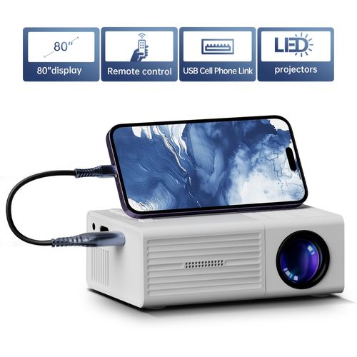Mini projector, portable video projector, home theater projector, supports mobile phone screen projection, native resolution 1280x720P, suitable for offices, outdoor camping and other occasions. movie projector