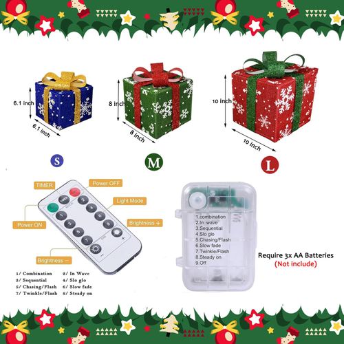 3-Piece Lighted Christmas Gift Box Set - Festive decorations with ribbons, warm glow, for indoor and outdoor use, sparkling gift boxes, Christmas trees, patios, and home decor.