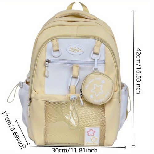 Lightweight and versatile stylish backpack, made of high-quality, water-resistant nylon, upgraded capacity, with color-blocking design, casual college-style shoulder bag, comes with cute charms, a bag loved by both boys and girls, available in four colors.