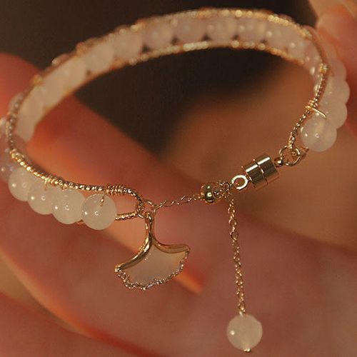 Imitation natural white jade bead bracelet for women, round ginkgo leaf pendant, handmade bead crystal bracelet for women