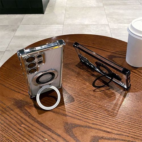 Electroplated Transparent Four Corners Airbag Anti-Drop Magnetic Phone Case for Samsung S24 S23 S22 Ultra Plus With Metal Stand