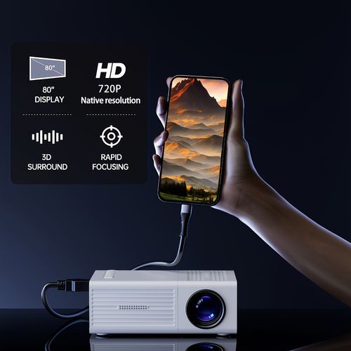 Mini projector, portable video projector, home theater projector, supports mobile phone screen projection, native resolution 1280x720P, suitable for offices, outdoor camping and other occasions. movie projector