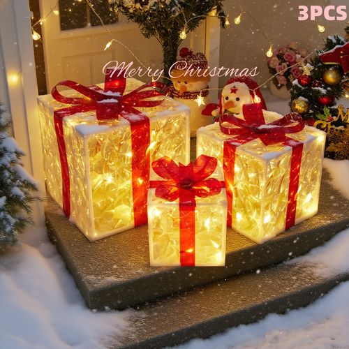 3-Piece Lighted Christmas Gift Box Set - Festive decorations with ribbons, warm glow, for indoor and outdoor use, sparkling gift boxes, Christmas trees, patios, and home decor.