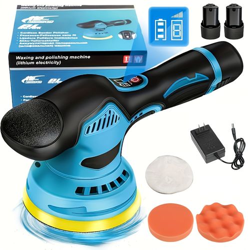 Cordless car polisher, car polishing kit, with battery, 8-speed adjustable, maximum speed 5000 RPM, 5-inch polishing pad with button, suitable for car detailing and scratch removal