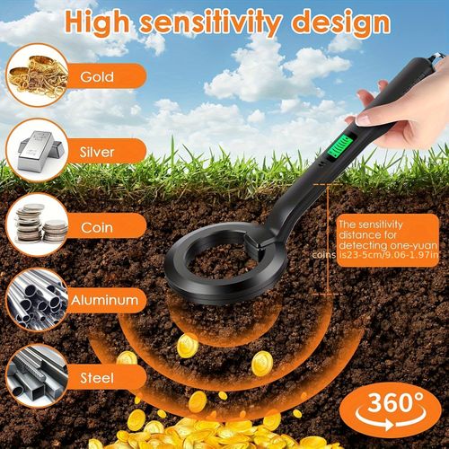 Portable metal detector with 360° rotating coil and LCD alarm - outdoor treasure hunting equipment, security checks, gold prospecting - lightweight and durable design, modern stylish scanner, comfortable handle, portable and reliable, designed for enthusiasts